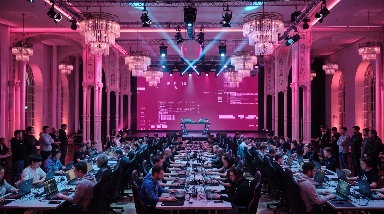 Der Festsaal der Flora als Arena: lange Reihen codender Teams vor der raumbreiten LED-Wand, Kronleuchter im Magentalicht