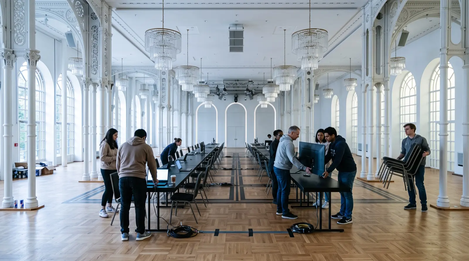 Morgens im weißen Festsaal der Flora: Teams bauen an langen Tischreihen ihre Rechner auf